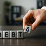 business debt management finance crisis financial problem money loss bankruptcy economy risk corporate loss cash flow pressure investment loan concept money bag hand holding block